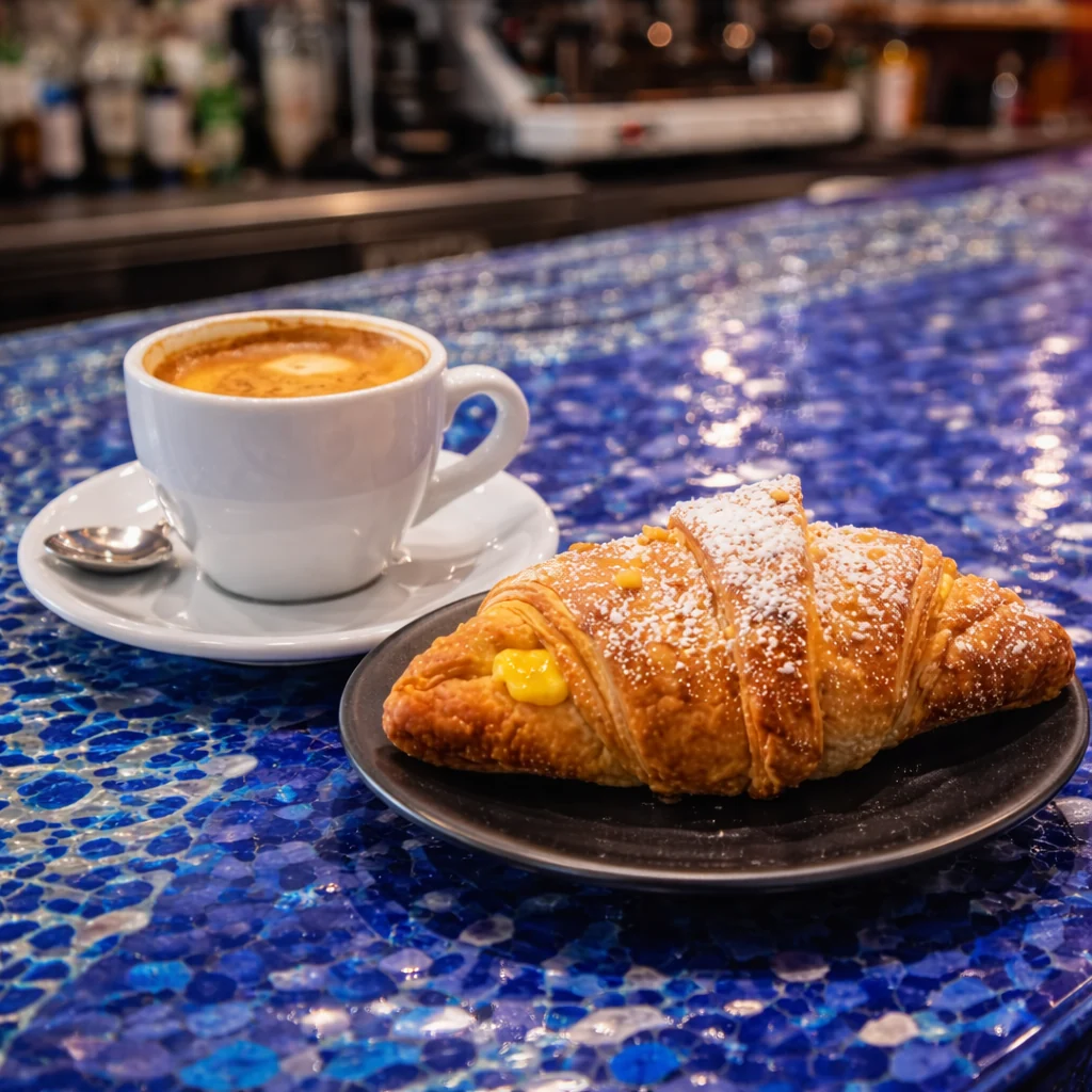 Caffè e colazione sul banco blu del Fuori Orario